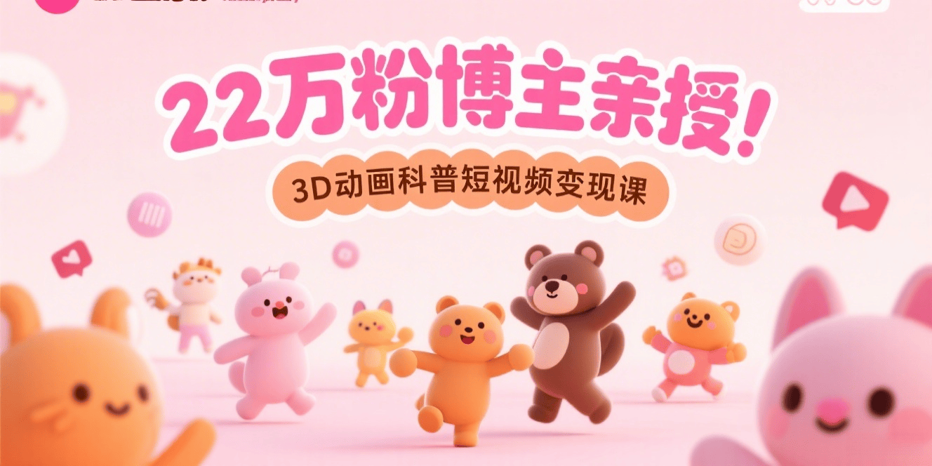 22 万粉博主亲授！3D 动画科普短视频变现课：全流程制作 + 素材包 + 对标账号（附抖音伙伴计划玩法）