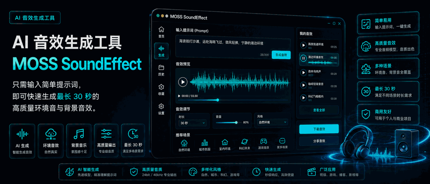 MOSS SoundEffect v2.0：免费AI音效生成工具，文本生成环境音与背景音效，最长30秒高质量输出